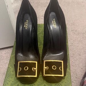 Gucci Black Suede Heels with Gold Buckles